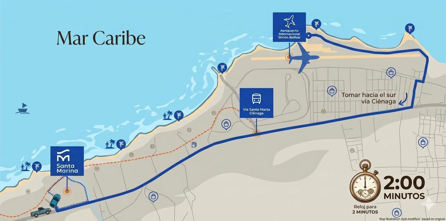 Mapa del recorrido desde el Aeropuerto Simón Bolívar hasta el Complejo Santa Marina en Don Jaca – 2 minutos en carro